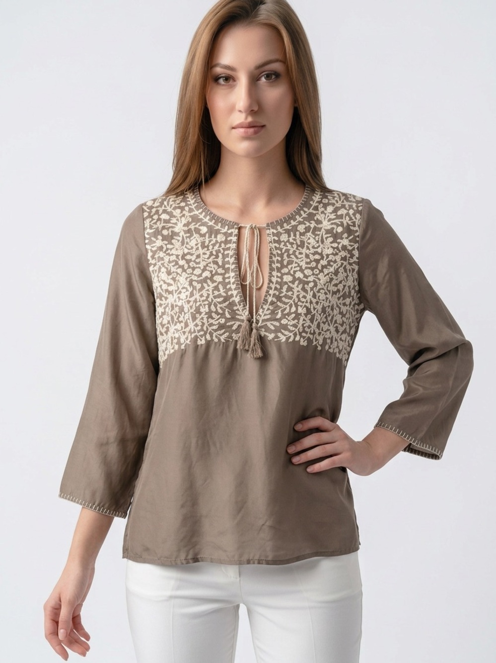 SUNDANCE | 100% Silk Embroidered Tan & Beige Tunic Top Women’s Size X-Small